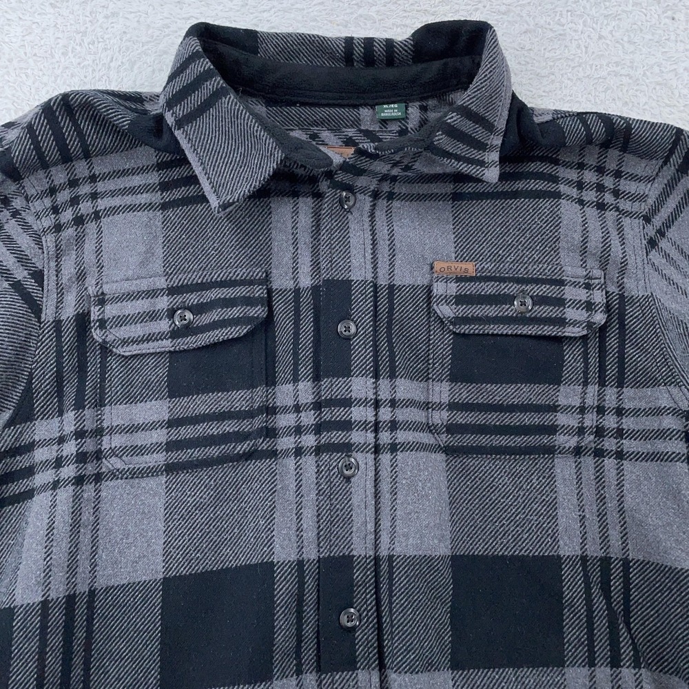 Orvis Shirt Mens XL Black Gray Plaid Flannel Button Down Long Sleeve‎ Two Pocket